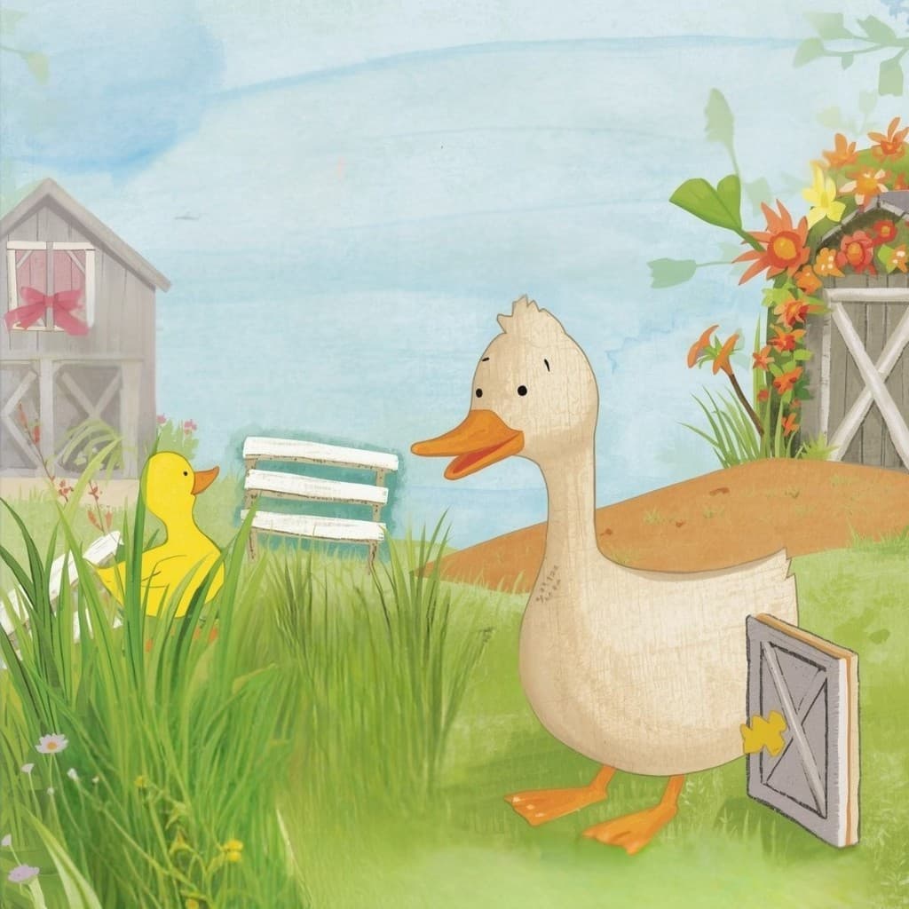 Parent duck and duckling on the farm — grow together