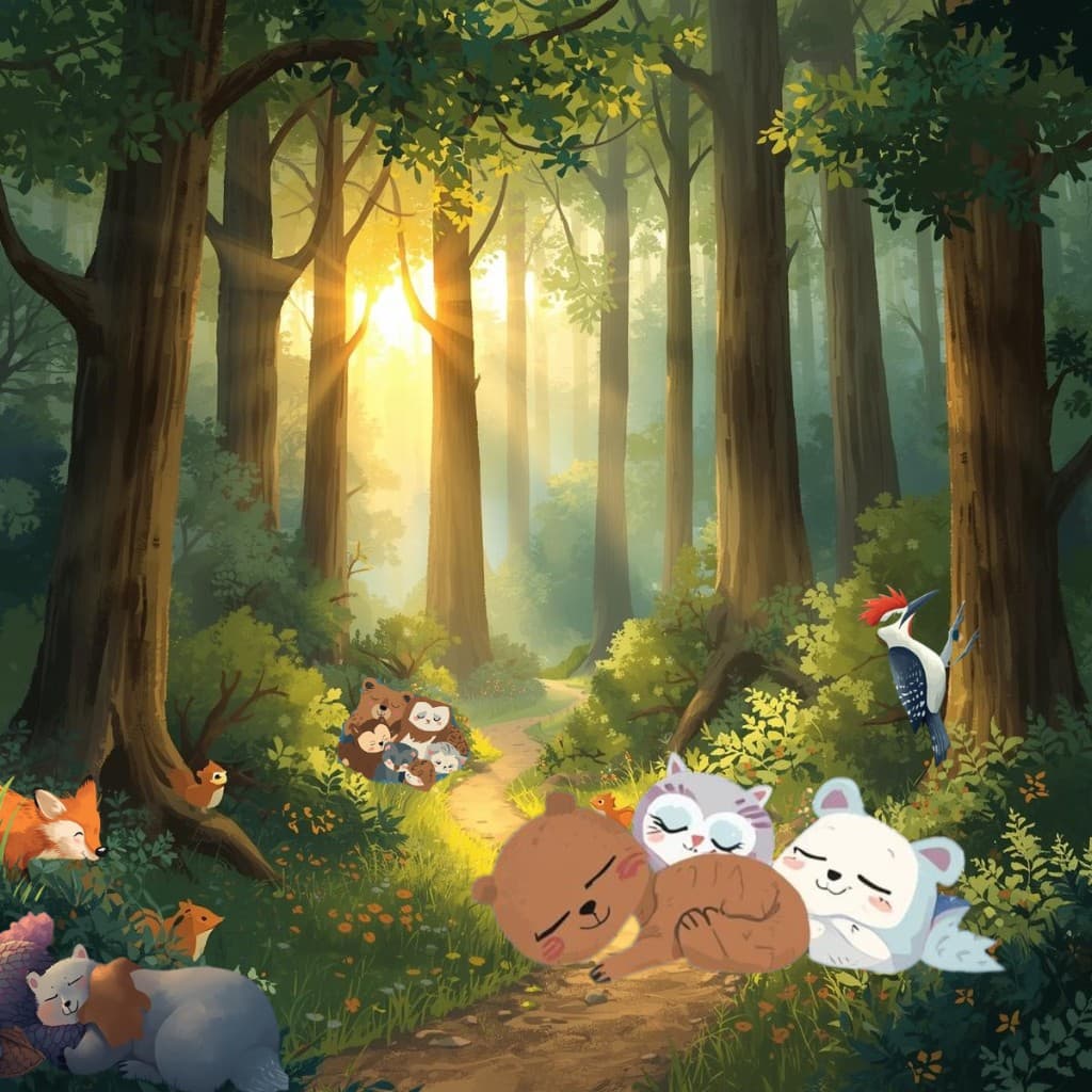 Happy animal family resting together in the forest