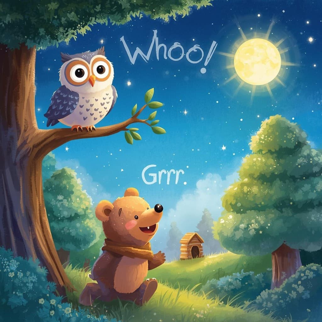 Friendly owl and bear cub under the stars
